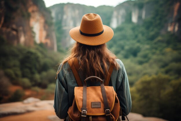 Photo a fearless adventurer a woman traveler with backpack and hat takes on the world ar 32