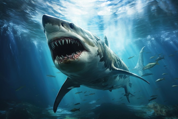 Fearless Big shark underwater sunny Scuba predator Generate Ai