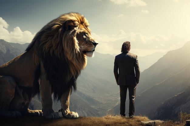 Fearless business leader standing by a large lion Generative AI