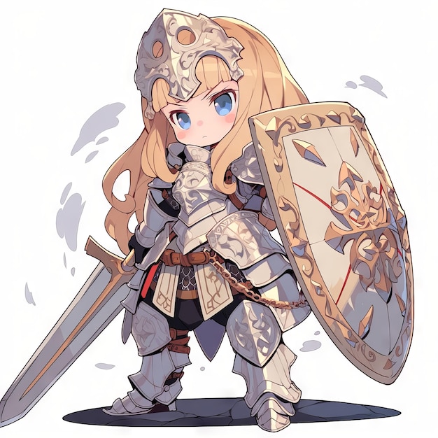 A fearless chibi anime knight donning full plate armor poised for action Generative AI