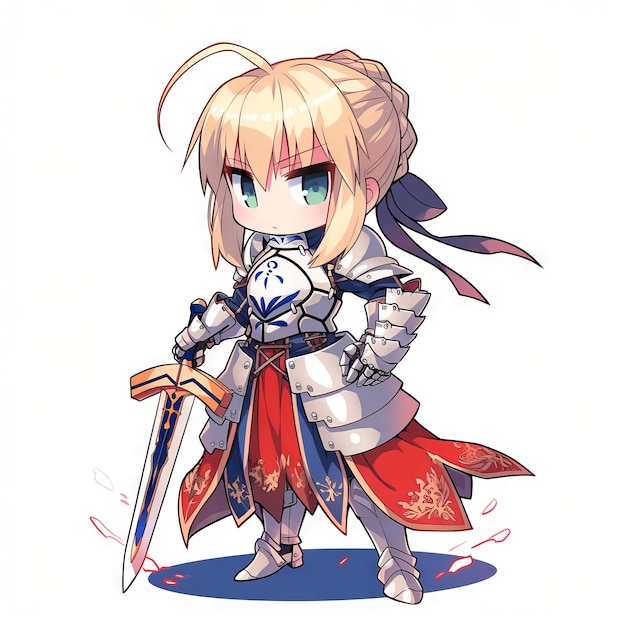 A fearless chibi anime knight donning full plate armor poised for action Generative AI