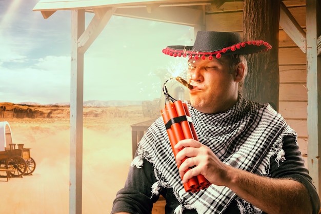 Fearless cowboy lights a cigar from a stick of dynamite, harsh wild west. Adventure in western country