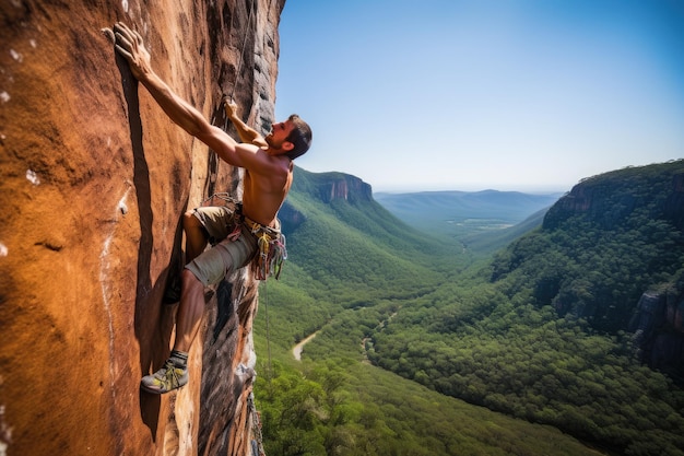 Бесстрашный человек демонстрирует свою решимость и мастерство, когда он смело поднимается по склону возвышающейся скалы, поднимаясь по вертикальной плоской стене, созданной ИИ.