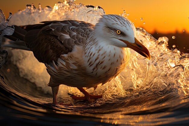 Fearless surfer dominates gold waves in a bright ocean with seagulls in the background generative IA