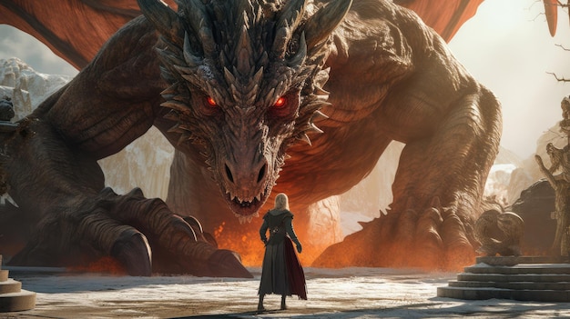 A fearless whitehaired woman confronts a colossal dragon in a dramatic and dangerous setting AI generated