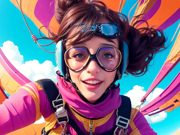Бесстрашная женщина захватывает волнение парашютного прыжка в смелом селфи, сделанном ИИ.