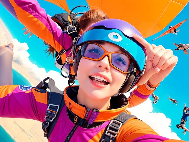Бесстрашная женщина захватывает волнение парашютного прыжка в смелом селфи, сделанном ИИ.