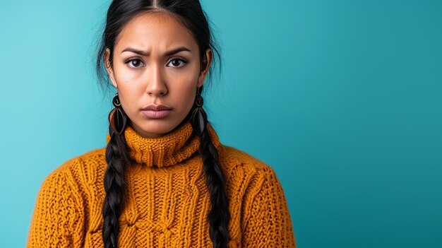 Fears Embrace Native American Woman Reflecting Fear and Anxiety Isolated Against Solid Background with Copy Space