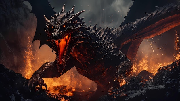 A fearsome dragon emerging from the depths of a fiery volcanic crater