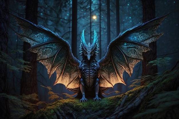 Fearsome forest dragon with large wings in night forest created with generative ai