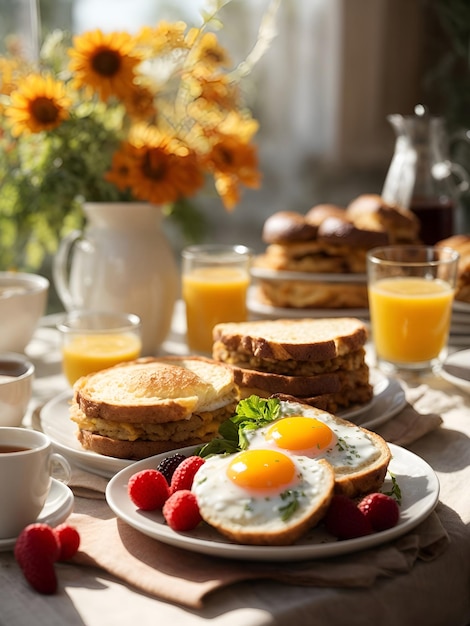 A Feast of Flavors A Table Set with Delicious Food and Steaming Cups of Coffee