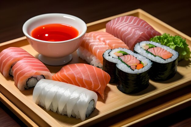 Photo a feast for the senses with a traditional sushi platter and assorted rolls and sashimi