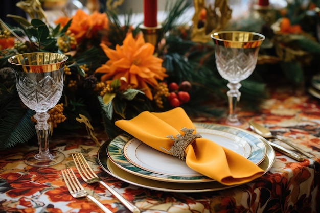 Feast setting with silverware and festive napkins