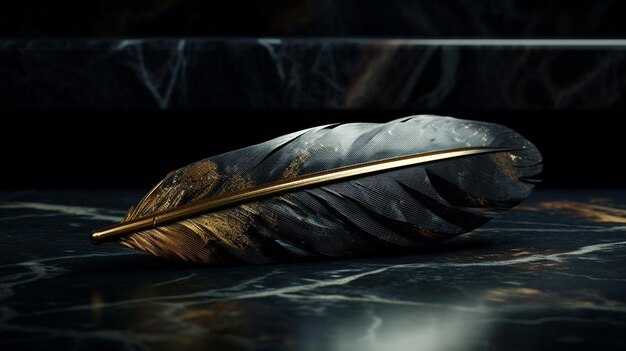 Feather of a bird on a black marble backgroundgenerative ai