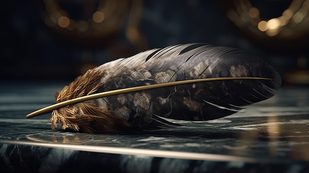 Feather of a bird on a black marble backgroundgenerative ai