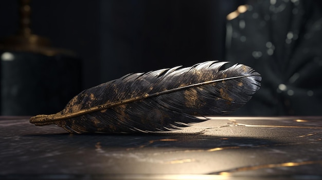 Feather of a bird on a black marble backgroundgenerative ai