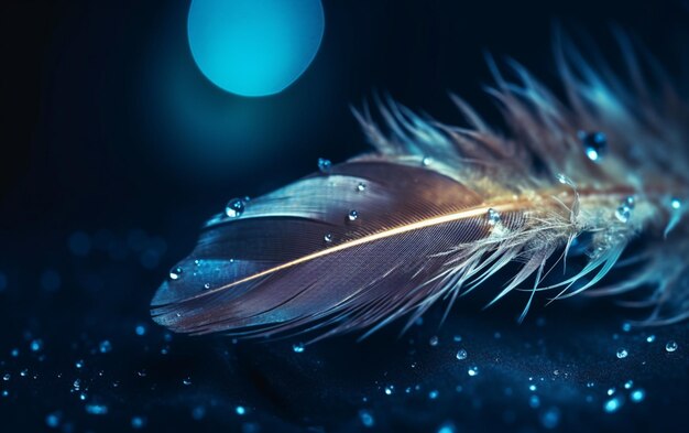 Photo feather of a bird in droplets of water on a dark background macro with a beautiful round bokeh