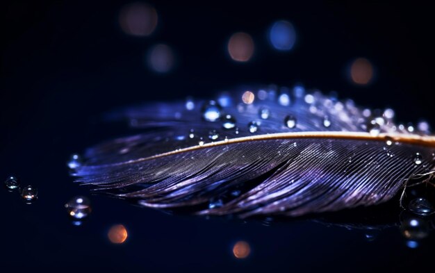 Feather of a bird in droplets of water on a dark background macro with a beautiful round bokeh