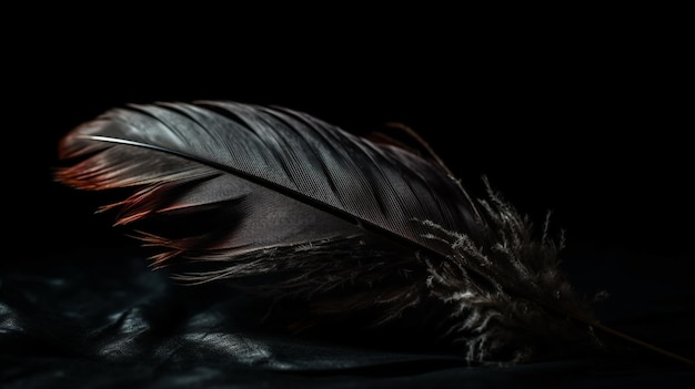 A feather on a black background is shown in the dark.