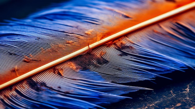 Photo feather detail a macro shot of a blue and orange feather with intricate patterns and structure
