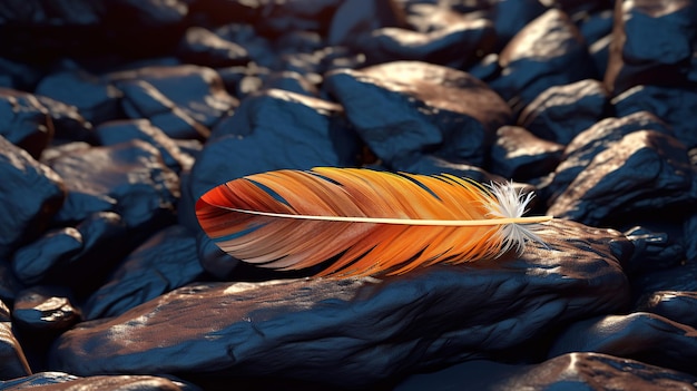 A feather elegantly occupies the peak of a rock pile