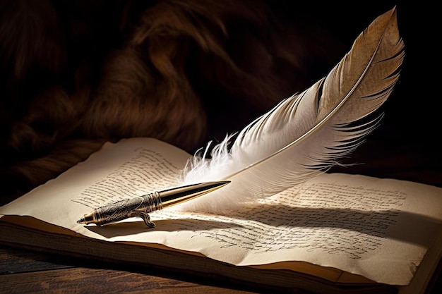 a feather is on the page of an old book.