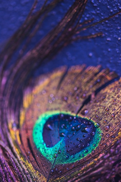 Photo feather of peacock with droplets