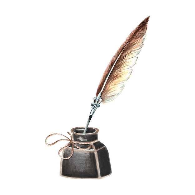 feather pen and inkwell black hand drawn watercolor illustration isolated knowledge for