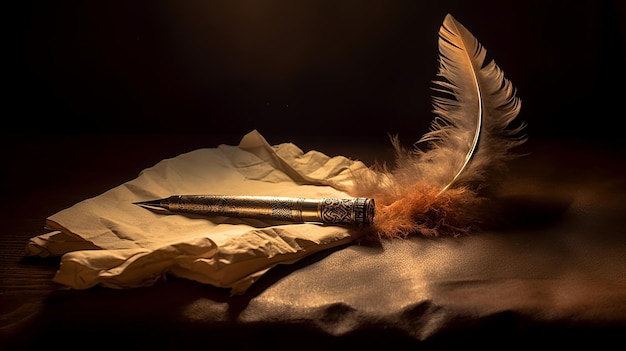 Feather pen and inkwell on a golden sheet of paper