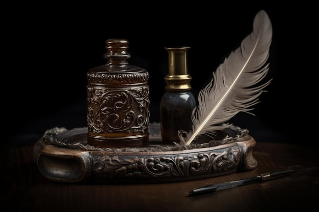 A feather pen sits on a table next to a feather pen.