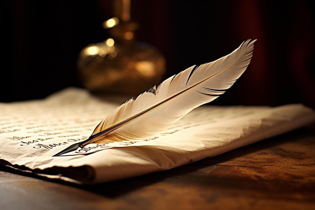 A feather quill on a paper surface