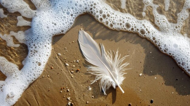 feather rests on sandy beach by electric blue water aig