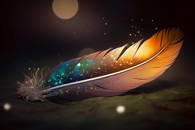 A feather that has a yellow feather with a black background