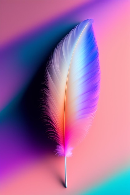 A feather that is colored in pink and blue