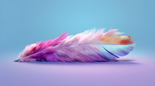 A feather that is colored in pink, yellow, and purple