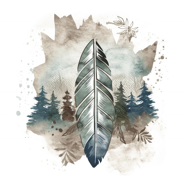 A feather with a background of trees and a forest.