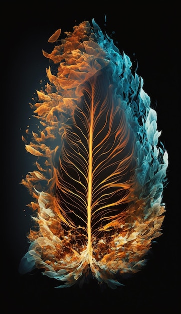 A feather with blue and orange flames