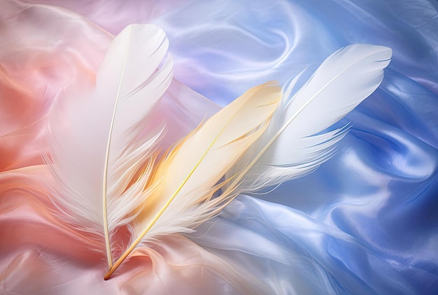 Photo a feather with a blue and white background with a pink and blue color