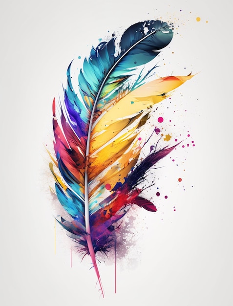 A feather with colorful paint splatters.