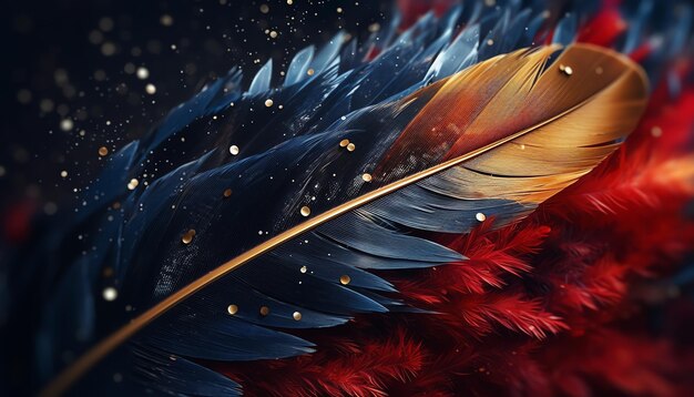 A feather with red feathers and gold feathers