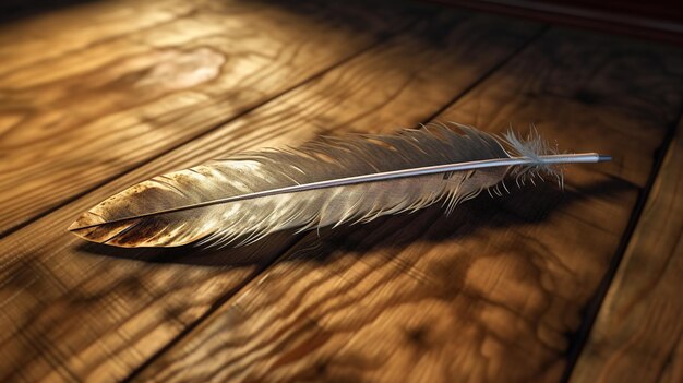 Photo a feather on a wooden table is shown on a wooden table.