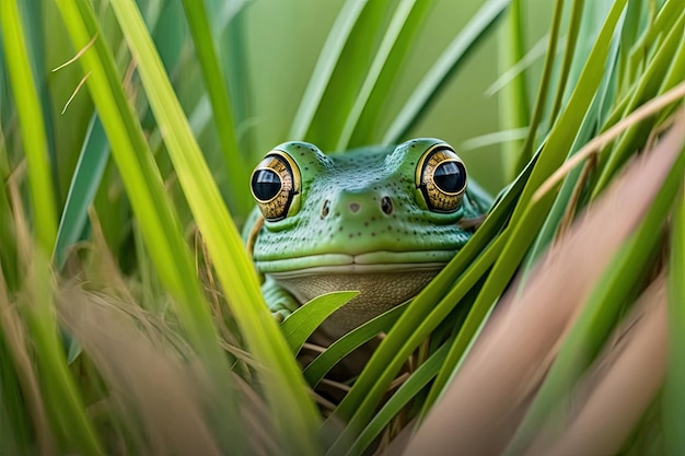 Feathered green frog in grass peeking out of leaves created with generative ai