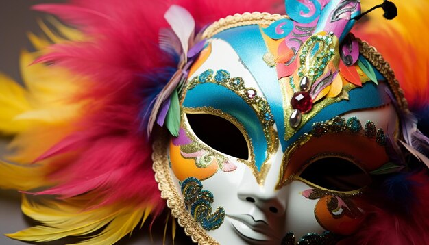 Feathered mask hides elegance at mardi gras party generated by ai