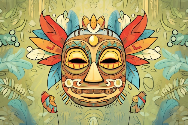 A feathered tribal mask against a leafy background