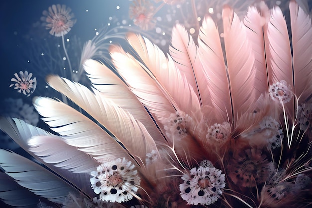 Feathers in abstract composition with flowers and plants in the background