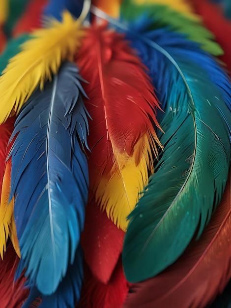 Photo feathers appear to be from different birds and have a variety of colors textures and sizes