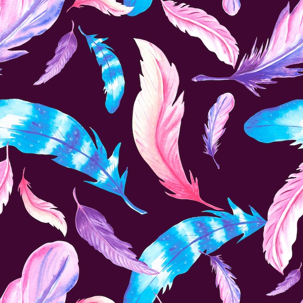 feathers colorful seamless pattern watercolor print of bird feathers in boho style