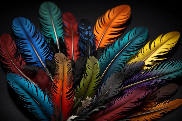 Photo feathers of different colors on a dark background closeup