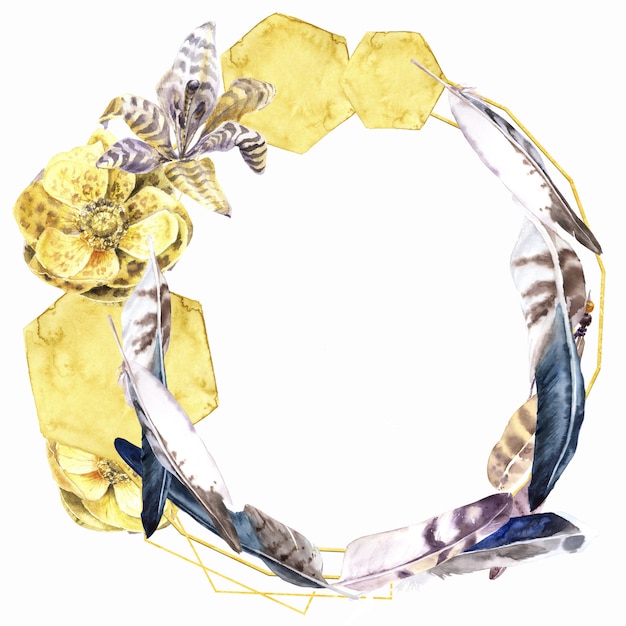 Feathers And Flowers Watercolor Wreath. Yellow Gold Elements