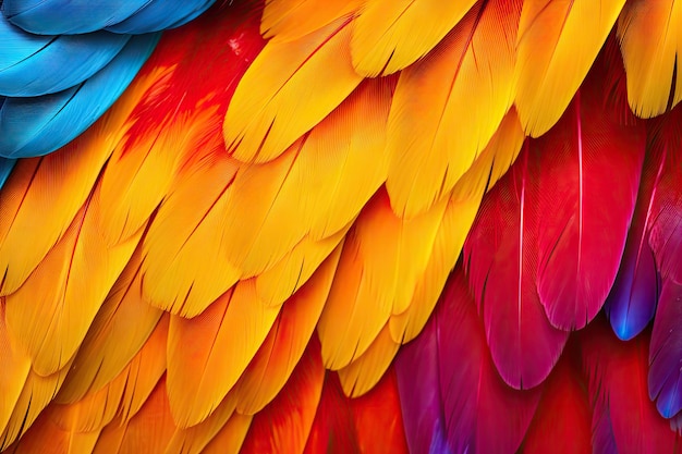 Feathers of a scarlet macaw bird showcasing hues of red yellow orange and blue against a vibrant bac